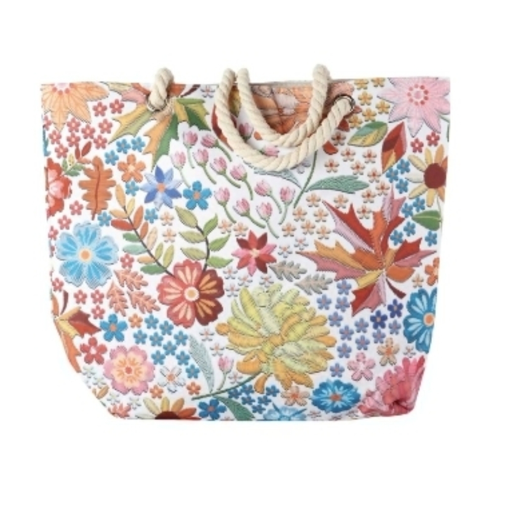 Floral Design Zip Top Tote W/ Rope Handles NWT